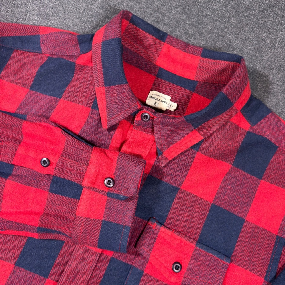 Bridge & Burn Flannel Shirt Mens Large Red Navy Buffalo Plaid Linen Cotton Blend